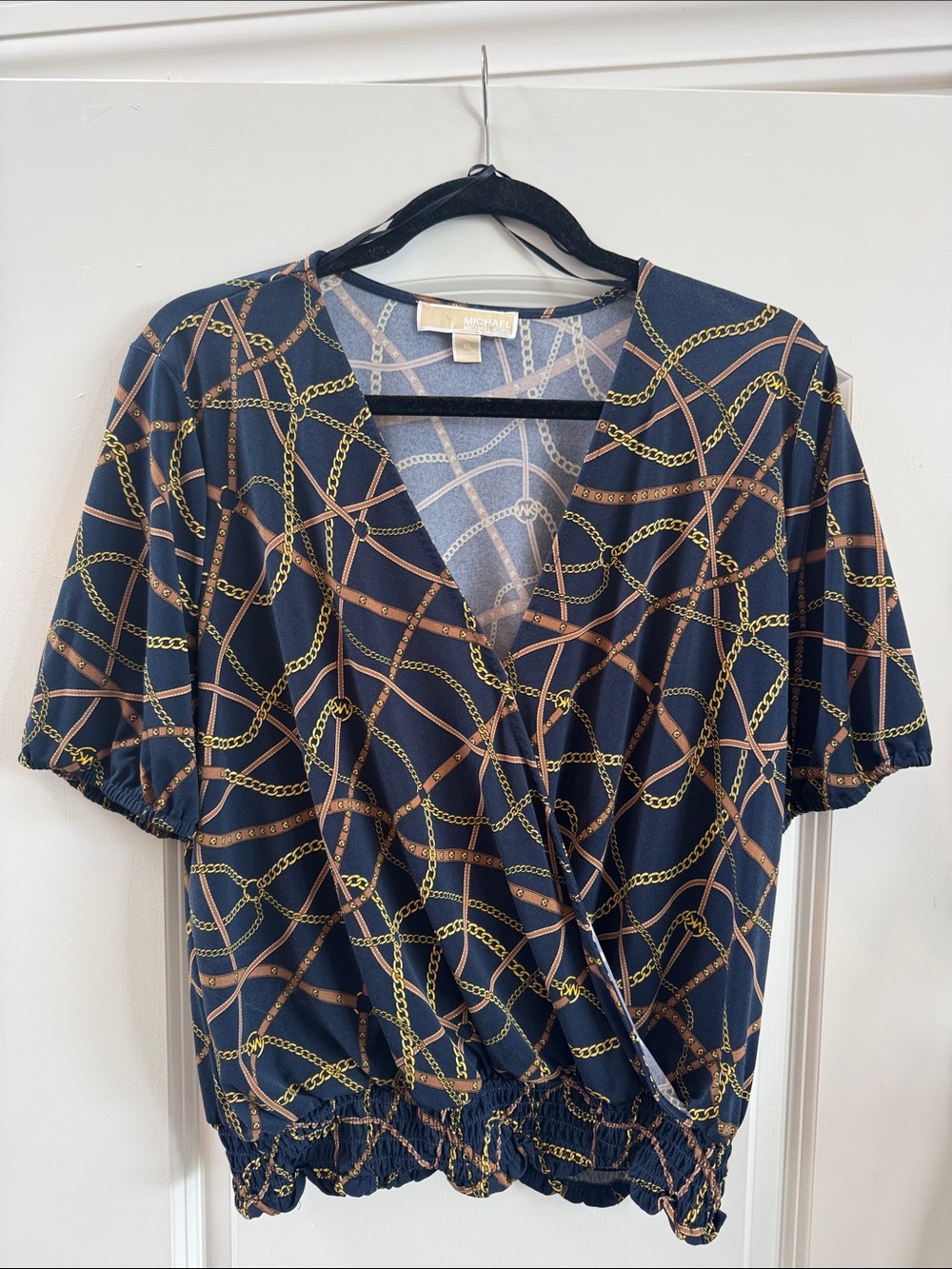 MICHAEL Michael Kors Navy Chain-Print Wrap Top